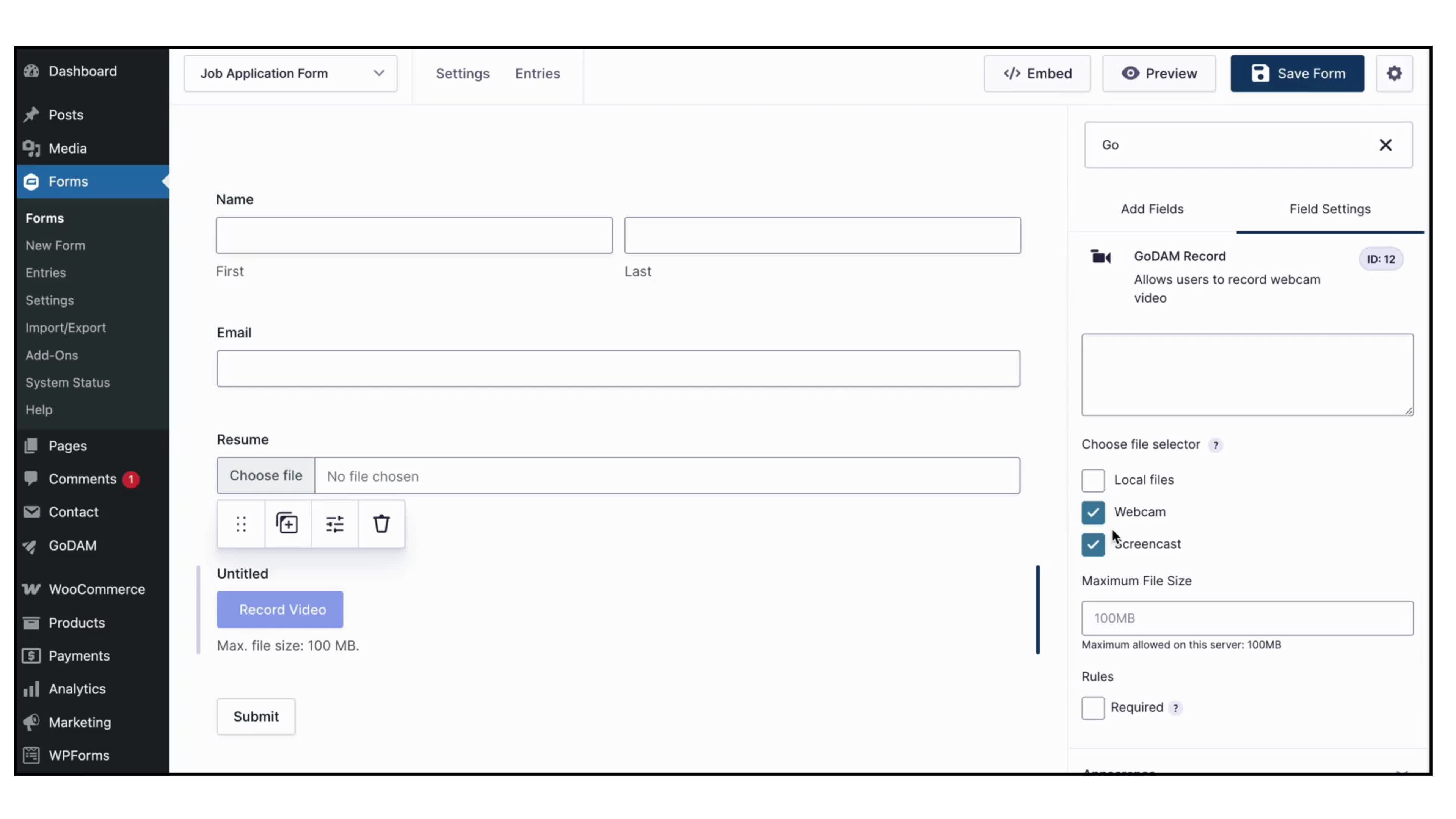 GoDAM Forms Recorder Camera Input Field