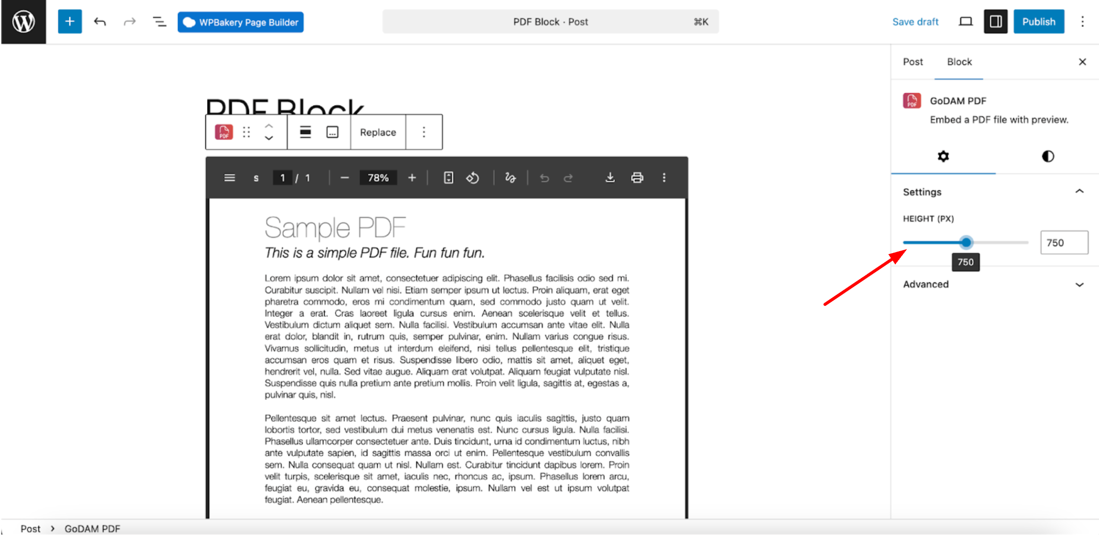 GoDAM PDF block set height, insert PDF to WordPress post or page