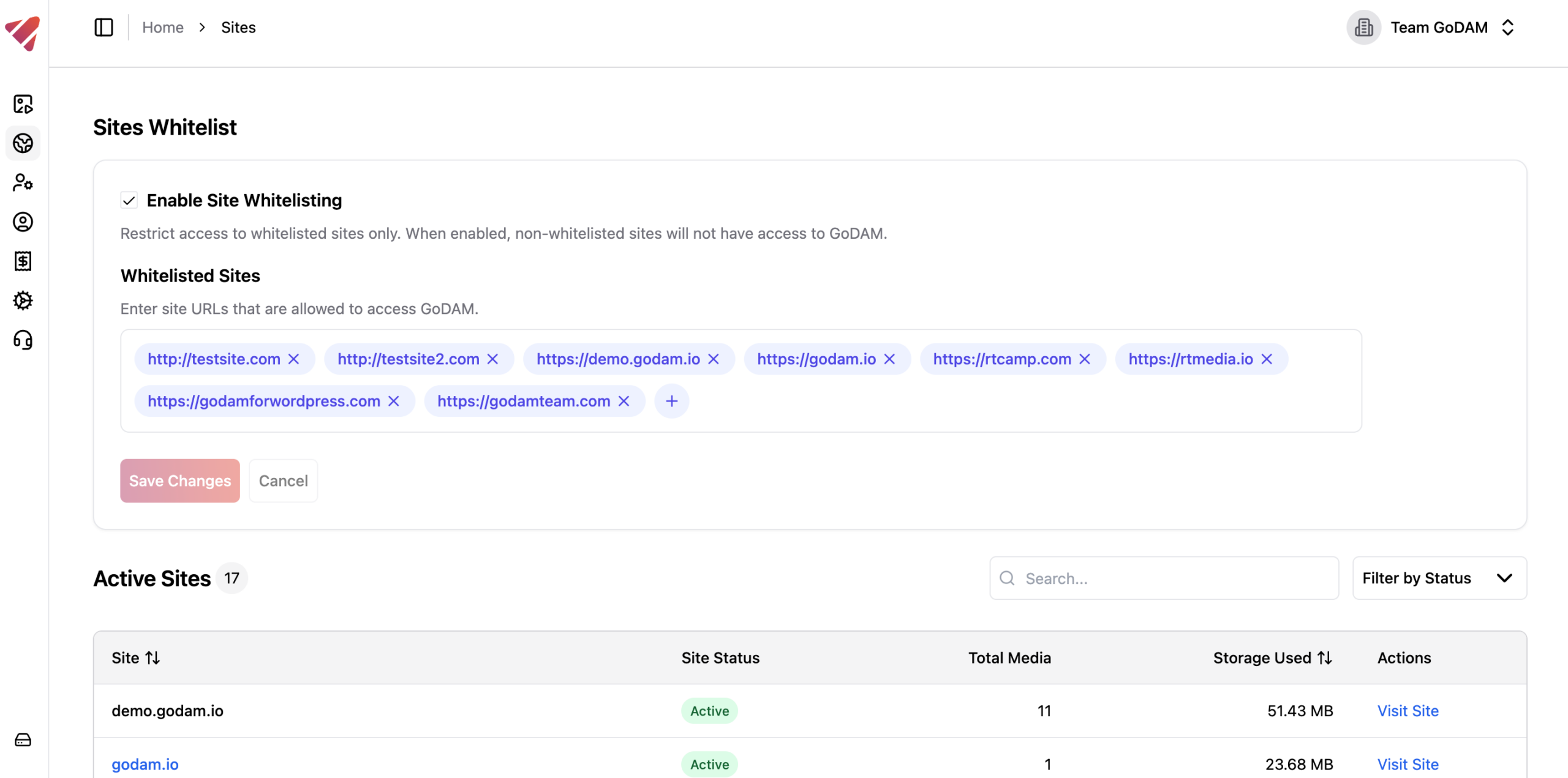 GoDAM site whitelisting feature