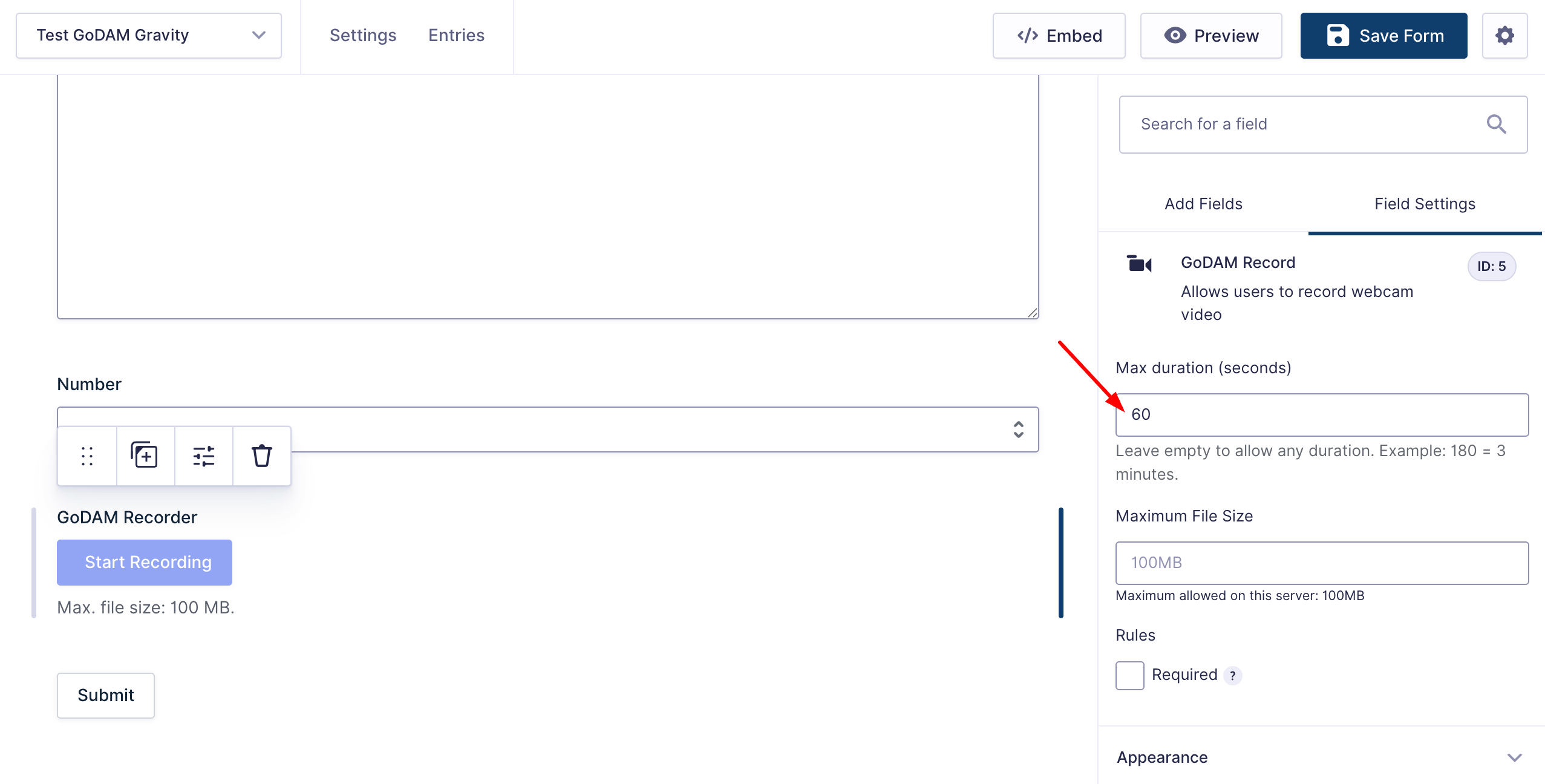 GoDAM Gravity Forms Recorder video duration for camera input field
