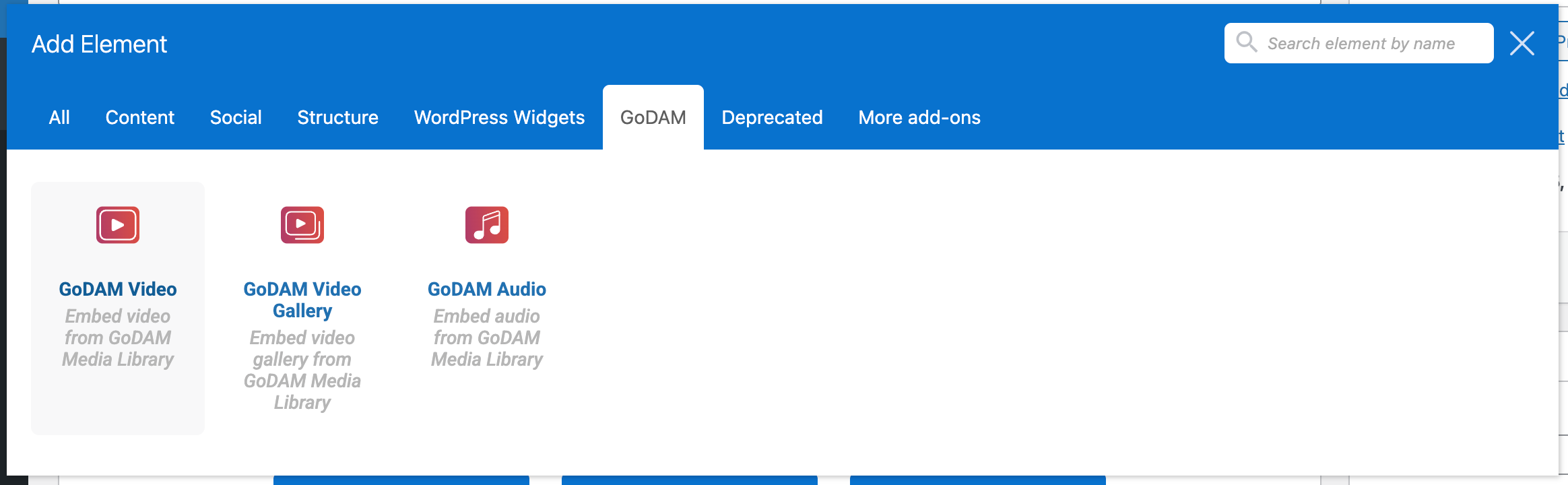 GoDAM WPBakery integration for video audio and gallery